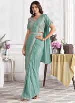 Shimmer Georgette Aqua Green Party Wear Embroidery Work Ready To Wear Saree